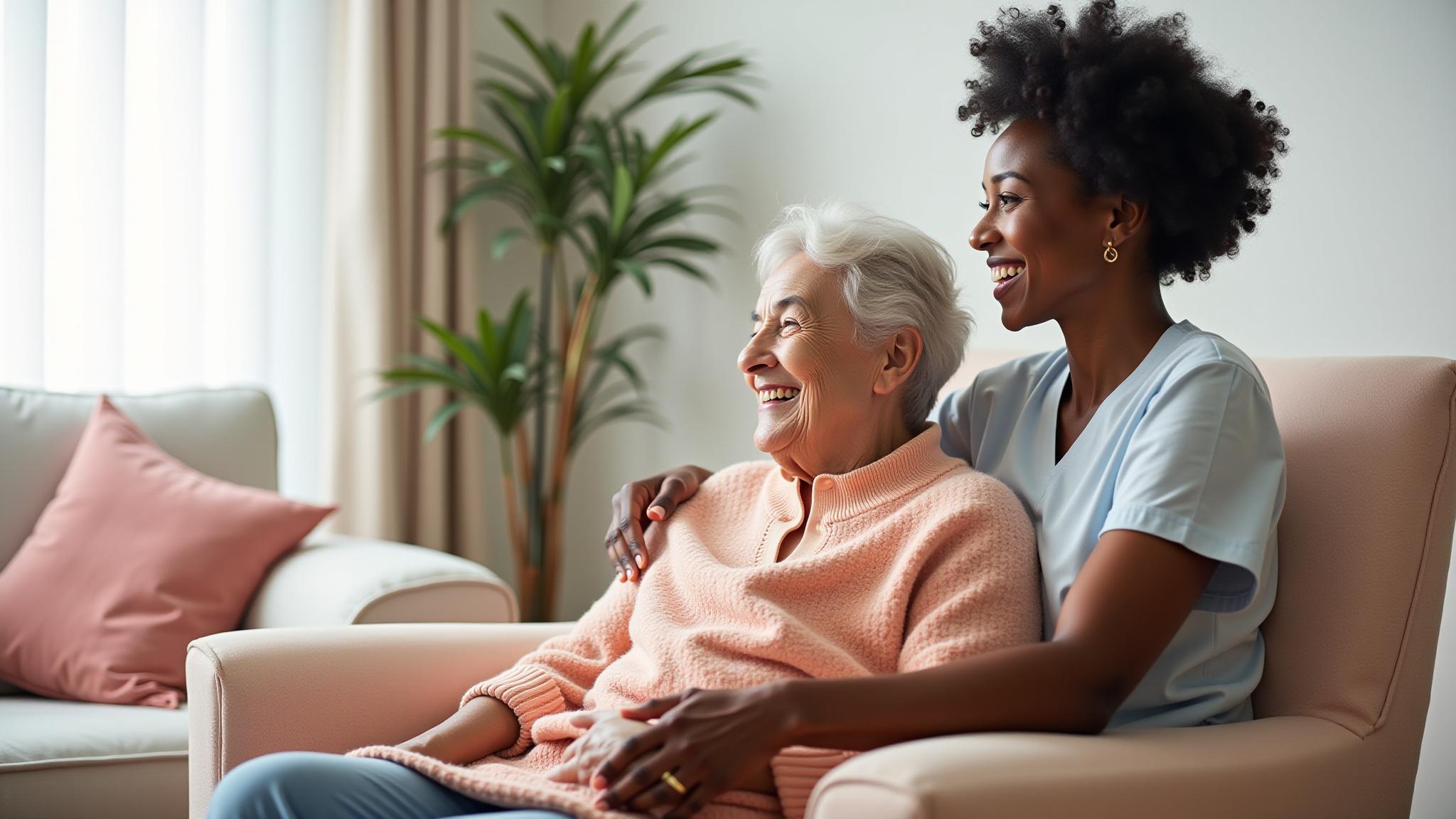 Caregiver providing supportive companionship to an older adult at home